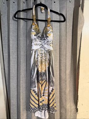 Halter-Style Patterned Sundress in White, Yellow & Black